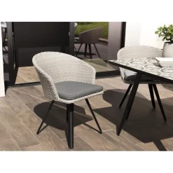 Chaise de jardin en rotin synthétique gris avec coussin gris pieds noirs en métal