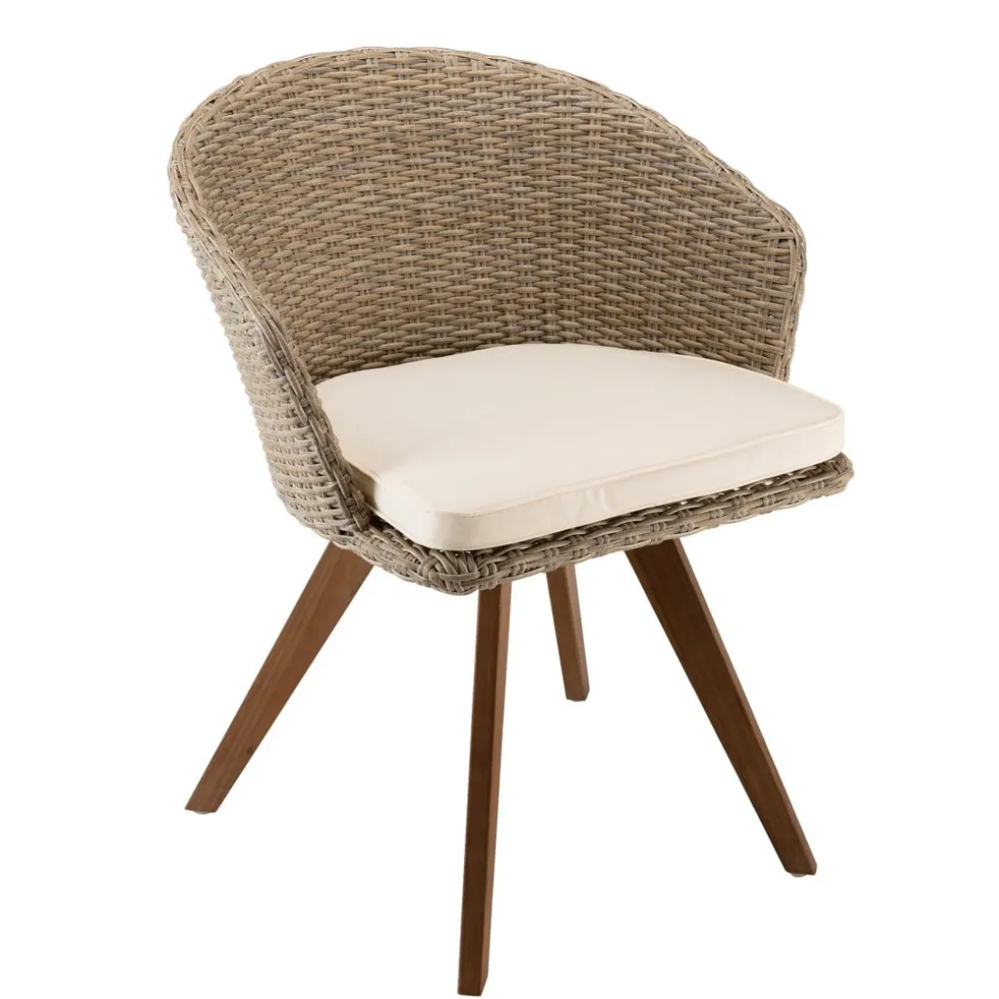 Chaise de jardin en rotin synthétique couleur naturelle avec coussin écru pieds en bois Acacia