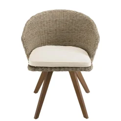 Chaise de jardin en rotin synthétique couleur naturelle avec coussin écru pieds en bois Acacia