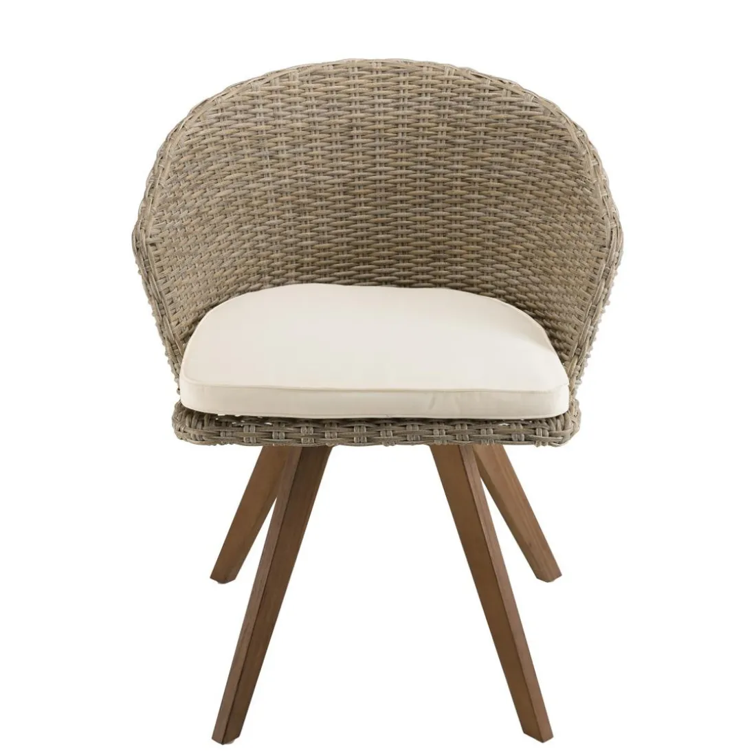 Chaise de jardin en rotin synthétique couleur naturelle avec coussin écru pieds en bois Acacia
