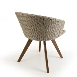 Chaise de jardin en rotin synthétique couleur naturelle avec coussin écru pieds en bois Acacia