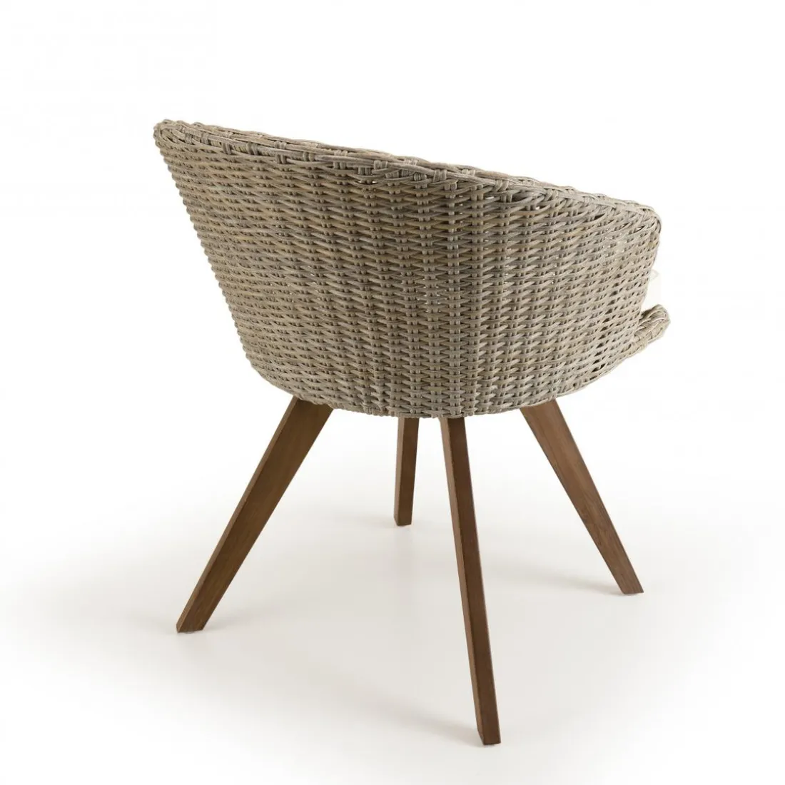 Chaise de jardin en rotin synthétique couleur naturelle avec coussin écru pieds en bois Acacia