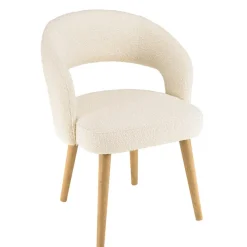 Chaise en tissu bouclette écru, dossier ouvert, pieds en bois PIERRE