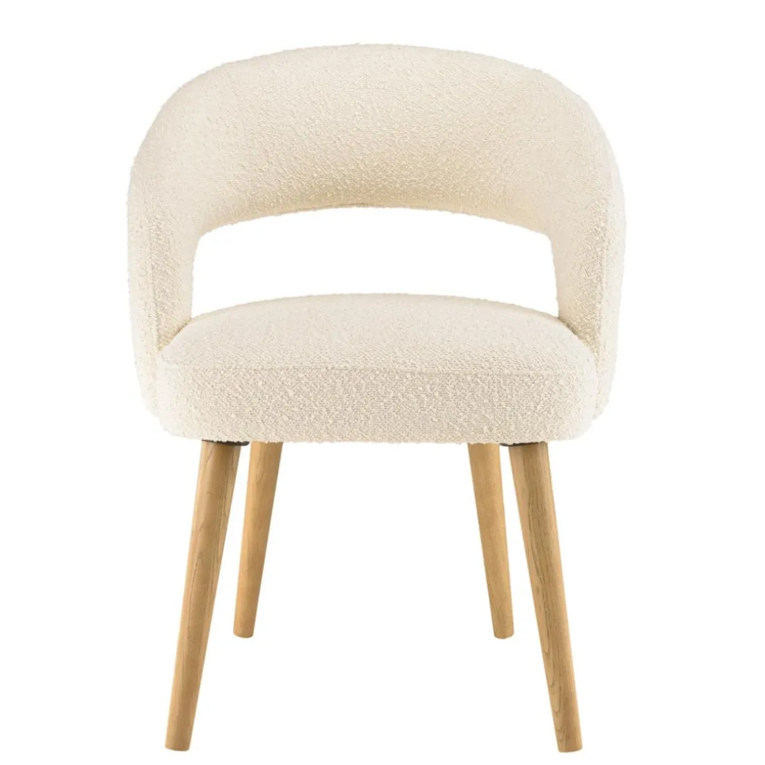 Chaise en tissu bouclette écru, dossier ouvert, pieds en bois PIERRE