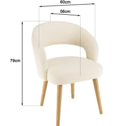 Chaise en tissu bouclette écru, dossier ouvert, pieds en bois PIERRE