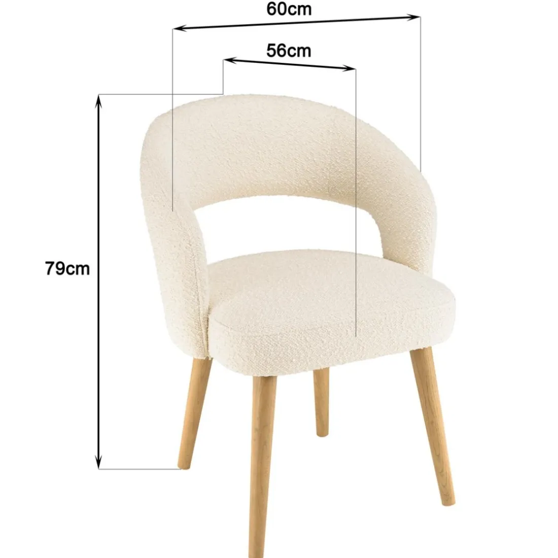 Chaise en tissu bouclette écru, dossier ouvert, pieds en bois PIERRE