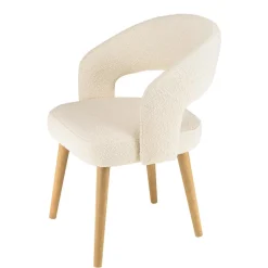 Chaise en tissu bouclette écru, dossier ouvert, pieds en bois PIERRE