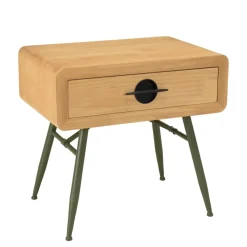 Chevet 1 tiroir en pin couleur naturelle et pieds métal vert HELENA