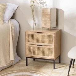 Chevet 2 tiroirs cannage naturel pieds métal noir MARCEAU