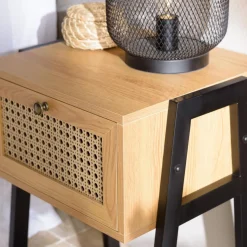 Chevet marron 1 tiroir effet cannage pieds inclinés métal CHARLIE