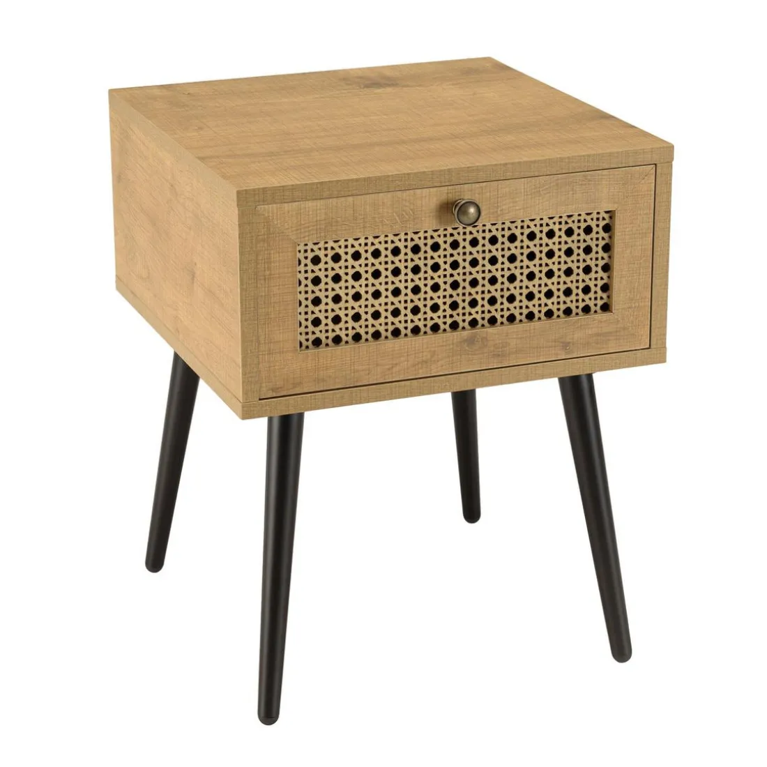 Chevet marron 1 tiroir effet cannage pieds métal noir CHARLIE