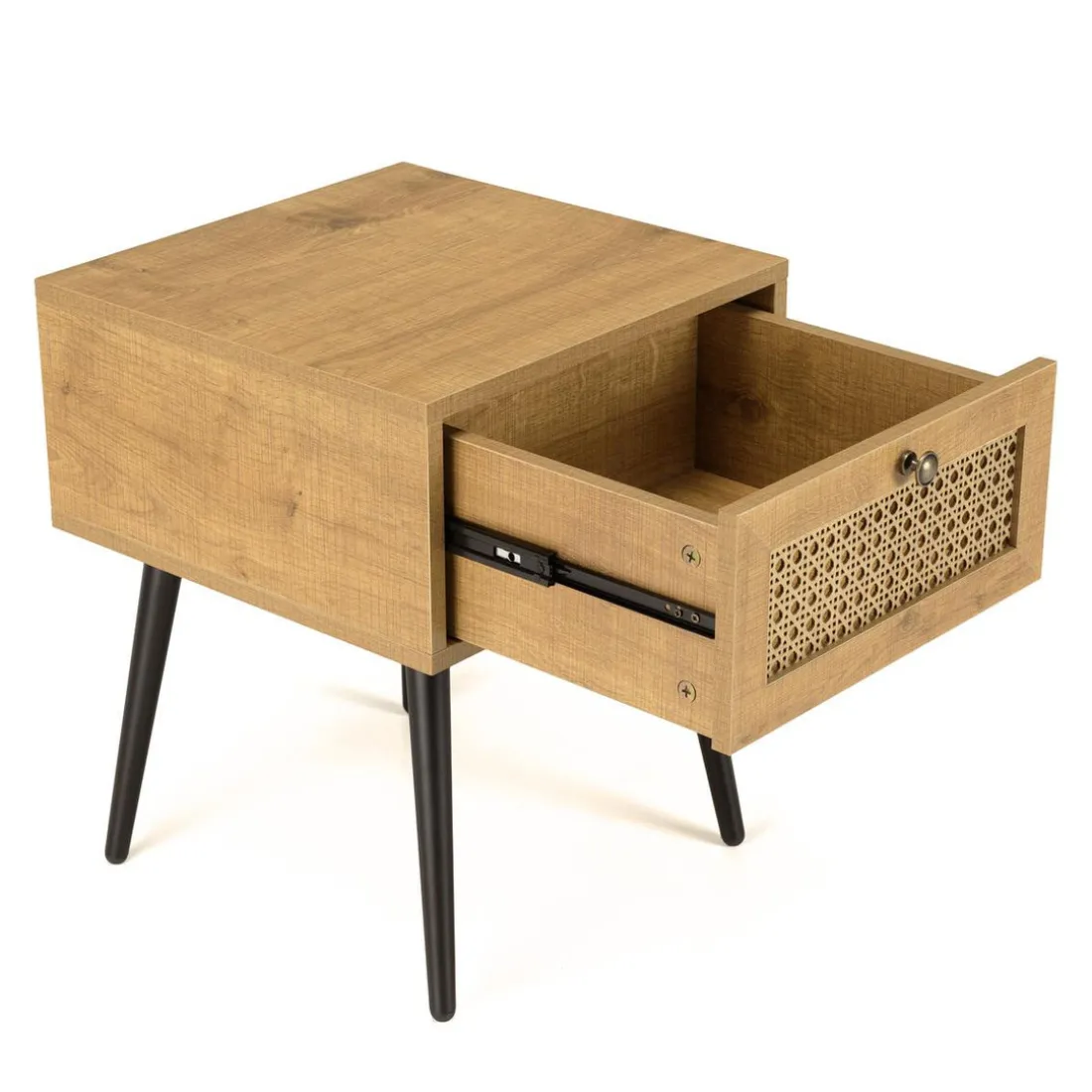 Chevet marron 1 tiroir effet cannage pieds métal noir CHARLIE