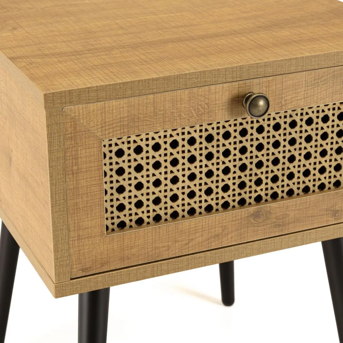 Chevet marron 1 tiroir effet cannage pieds métal noir CHARLIE