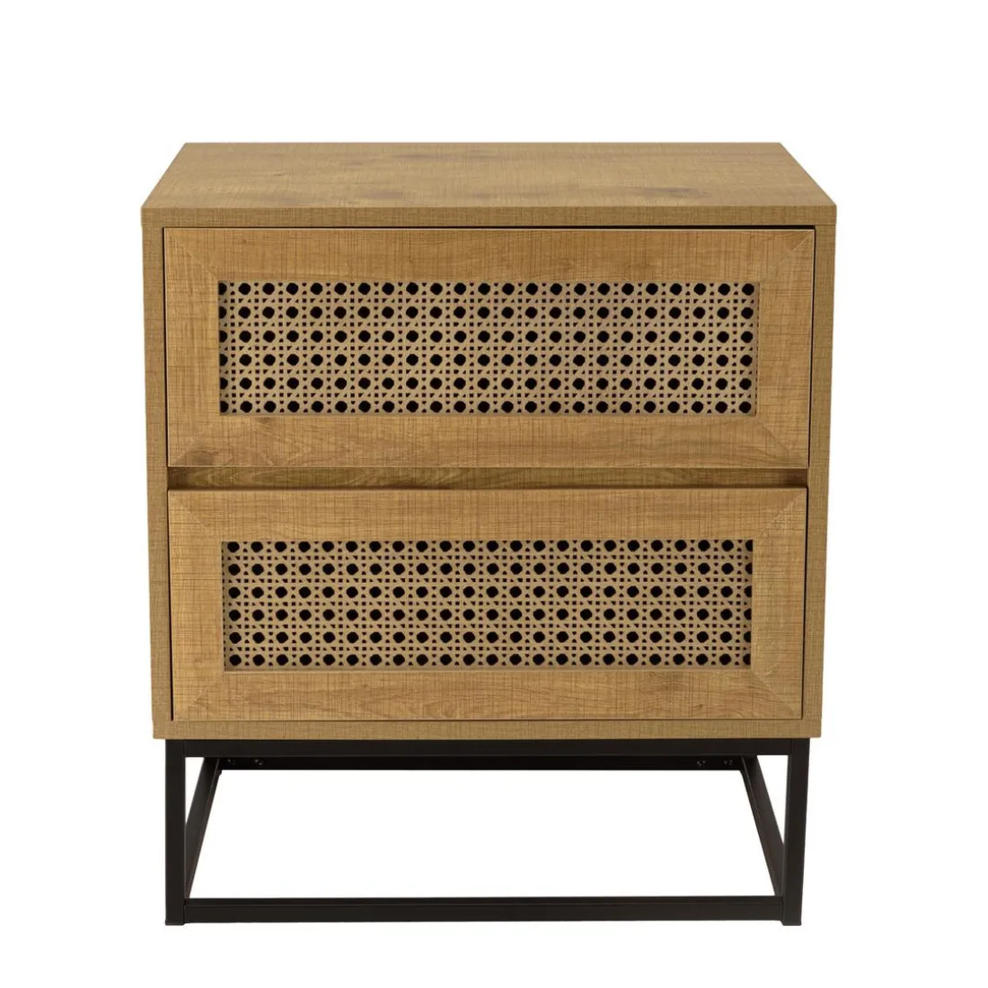 Chevet marron 2 tiroirs effet cannage pieds métal noir CHARLIE