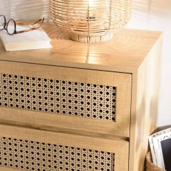 Chevet marron 2 tiroirs effet cannage pieds métal noir CHARLIE