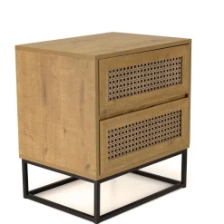 Chevet marron 2 tiroirs effet cannage pieds métal noir CHARLIE