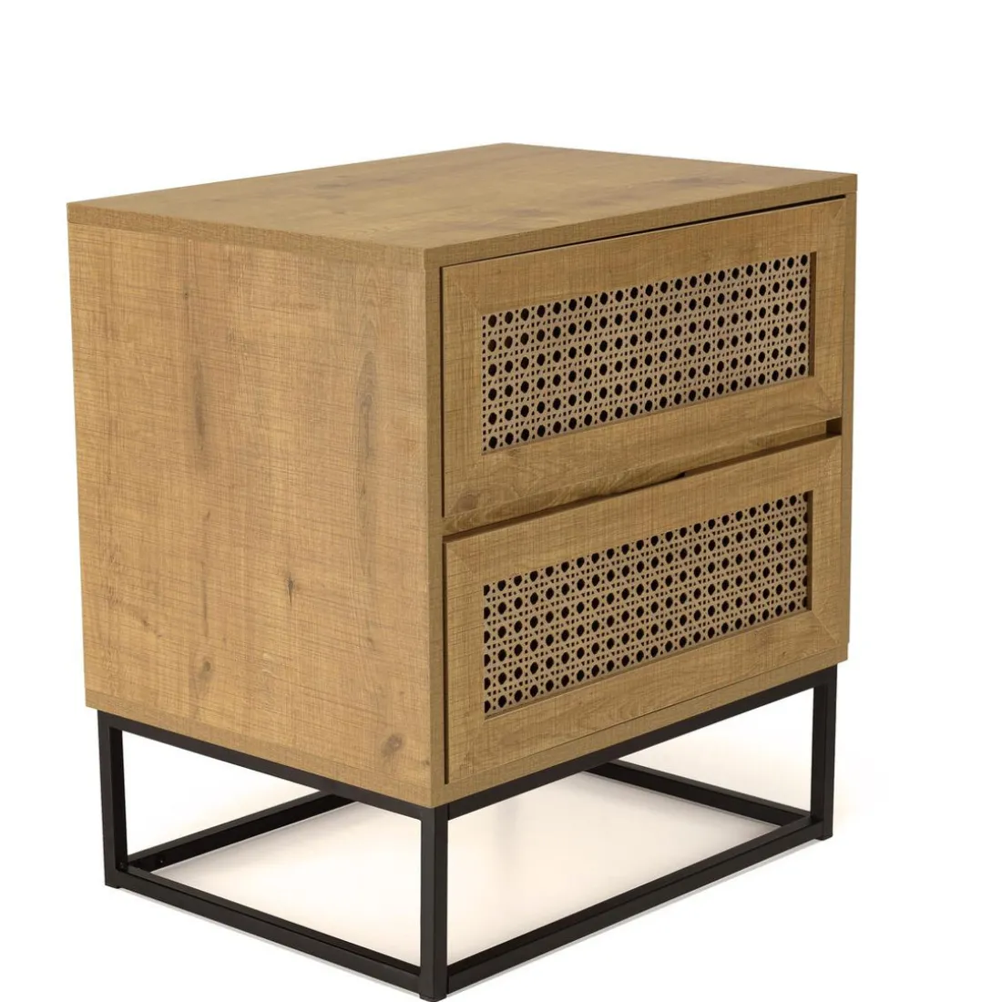 Chevet marron 2 tiroirs effet cannage pieds métal noir CHARLIE