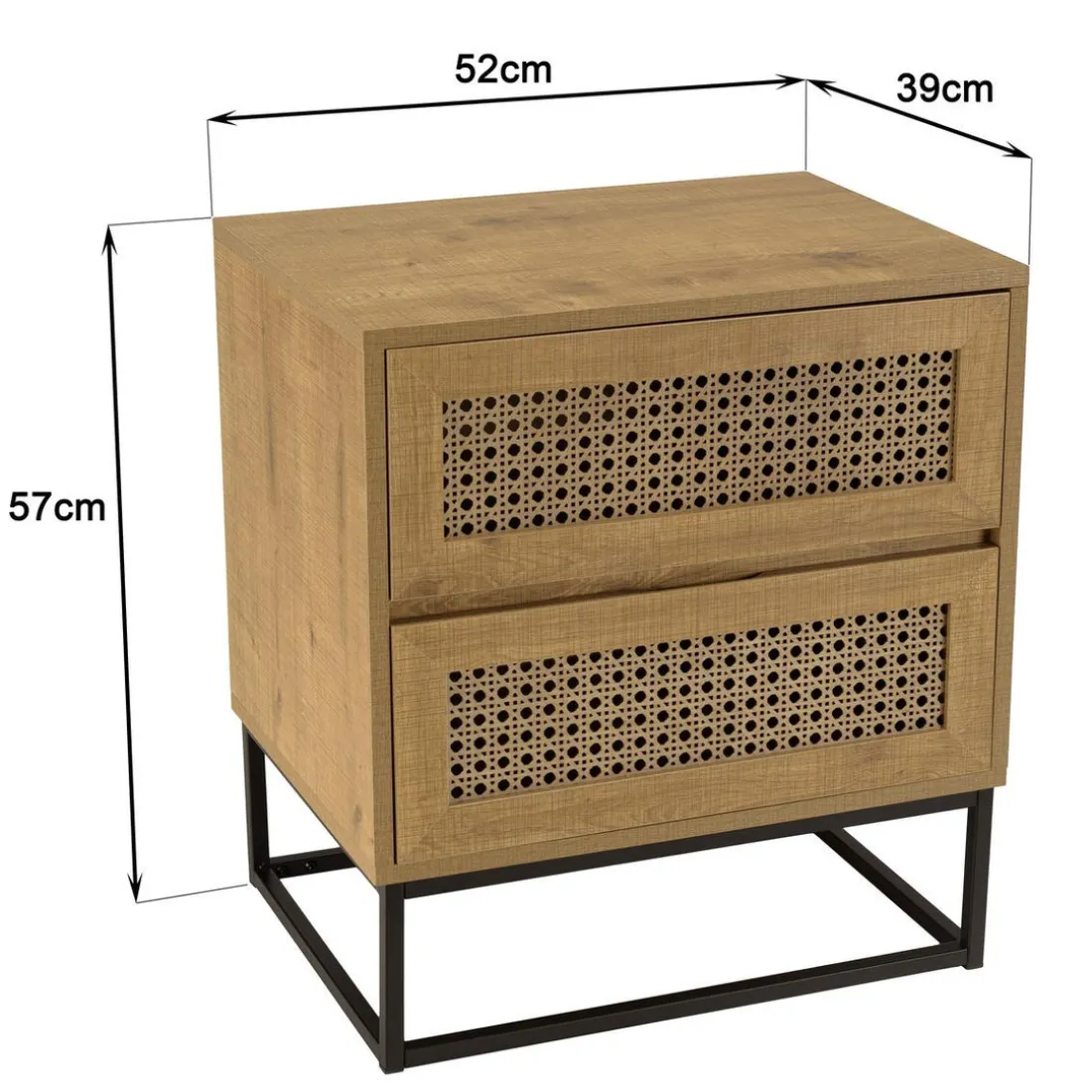 Chevet marron 2 tiroirs effet cannage pieds métal noir CHARLIE