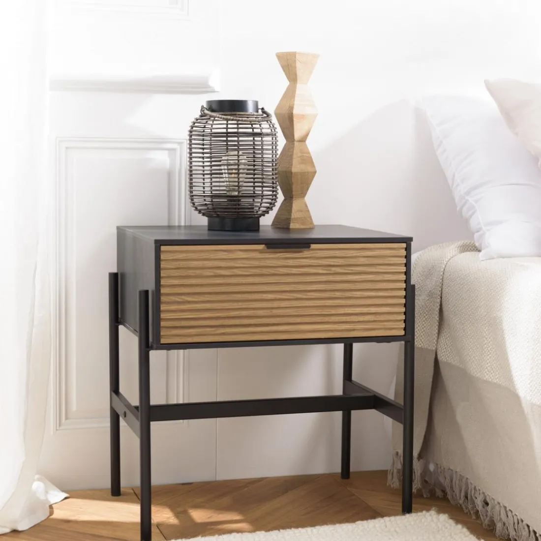Chevet marron et noir 1 tiroir Pin pieds métal noir