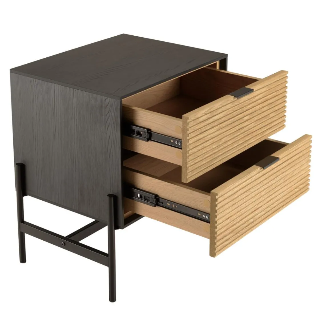 Chevet marron et noir 2 tiroirs Pin pieds métal noir