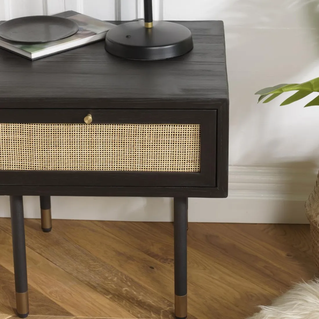 Chevet Noir 1 Tiroir Cannage YANIS