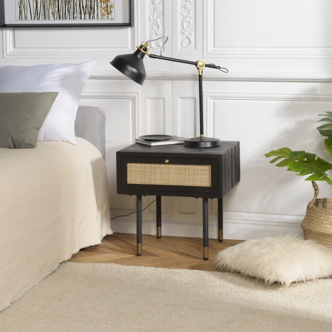 Chevet Noir 1 Tiroir Cannage YANIS