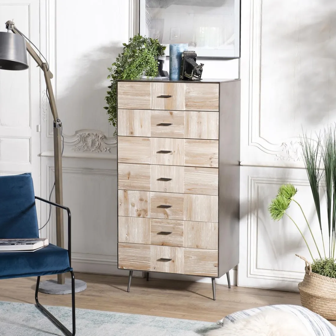 Chiffonnier 7 tiroirs Sapin et pieds métal CARLA