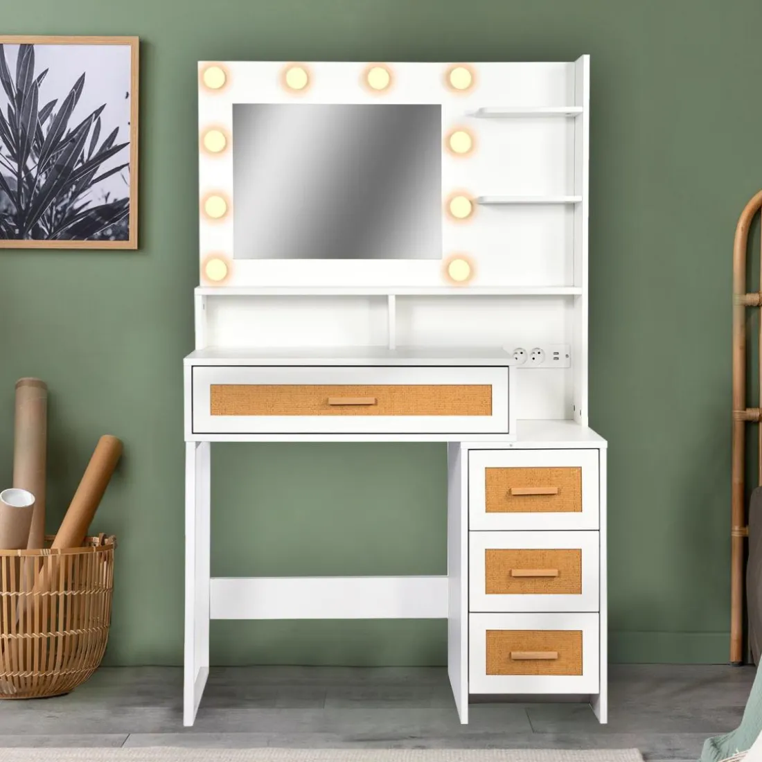 Coiffeuse 4 tiroirs et miroir LED 3 couleurs Miraclas Bois Blanc et Rotin