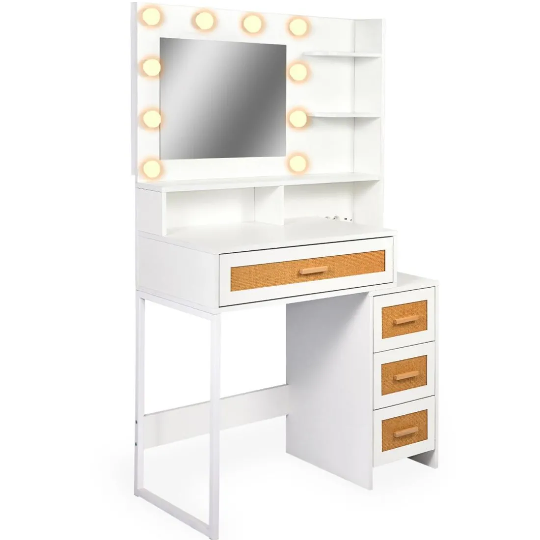Coiffeuse 4 tiroirs et miroir LED 3 couleurs Miraclas Bois Blanc et Rotin