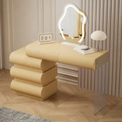 Coiffeuse avec 5 tiroirs arrondis et miroir design Mezade Beige