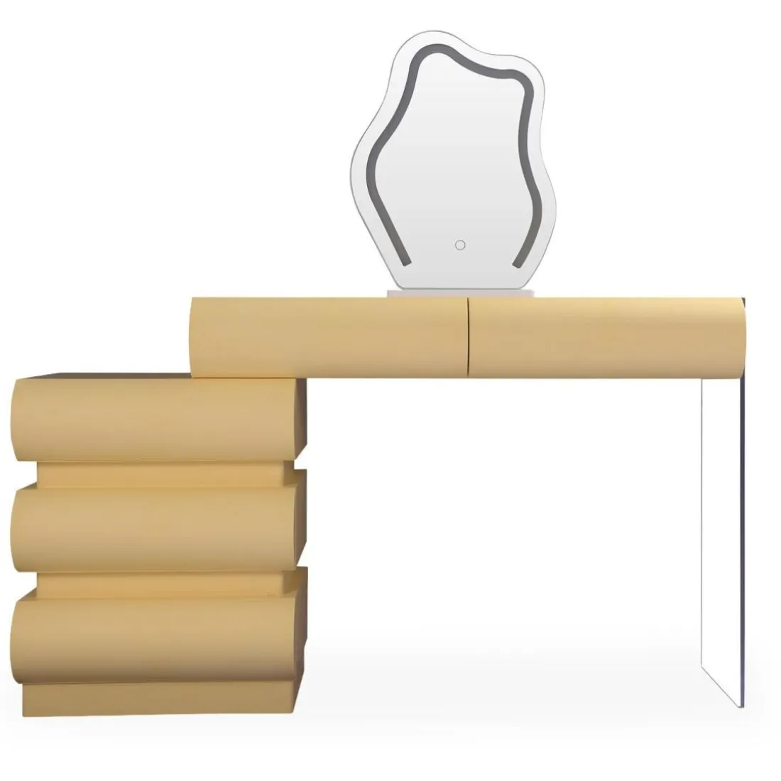 Coiffeuse avec 5 tiroirs arrondis et miroir design Mezade Beige