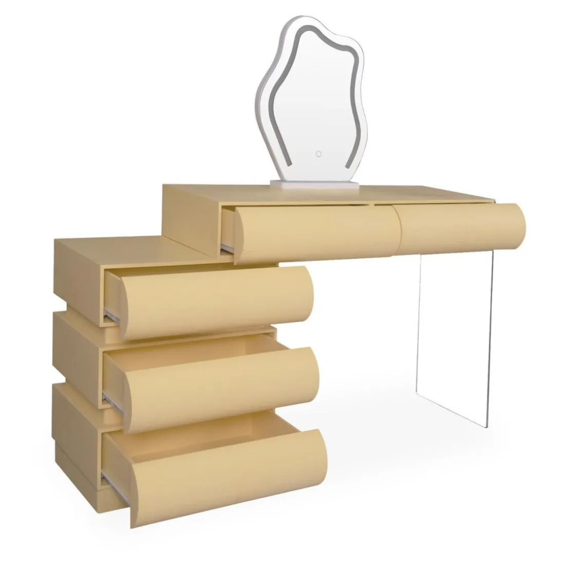 Coiffeuse avec 5 tiroirs arrondis et miroir design Mezade Beige