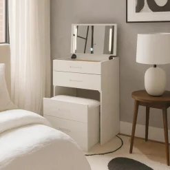 Coiffeuse compacte avec miroir LED, tiroir et pouf intégré Germina Blanc