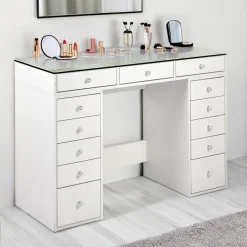 Coiffeuse moderne avec 13 tiroirs et plateau en verre transparent Probeauty Blanc