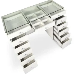Coiffeuse moderne avec 13 tiroirs et plateau en verre transparent Probeauty Blanc