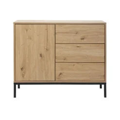 Commode 1 Porte 3 Tiroirs Décor Chêne en bois Beige