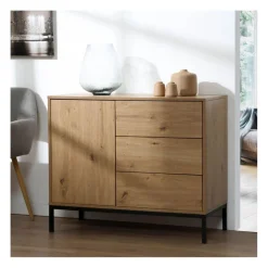 Commode 1 Porte 3 Tiroirs Décor Chêne en bois Beige