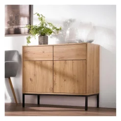 Commode 2 Portes 2 Tiroirs Décor Chêne en bois Beige
