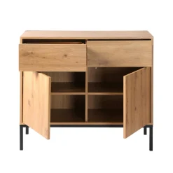 Commode 2 Portes 2 Tiroirs Décor Chêne en bois Beige