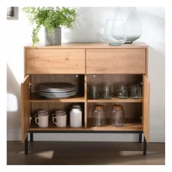 Commode 2 Portes 2 Tiroirs Décor Chêne en bois Beige