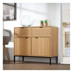 Commode 2 Portes 2 Tiroirs Façades Rainurées en bois Beige