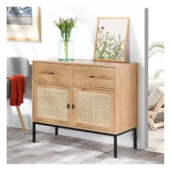 Commode 2 Portes 2 Tiroirs avec Cannage Rotin en bois Beige