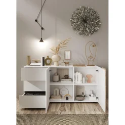 Commode 2 portes 3 tiroirs blanc lacqué