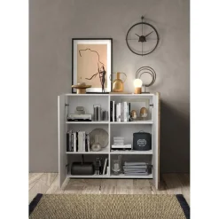 Commode 2 portes Blanc lacqué brillant chene