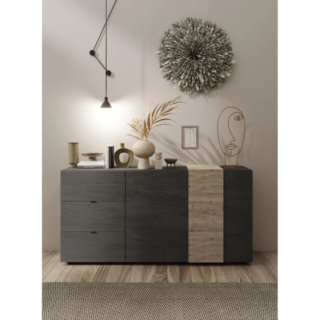Commode 2 portes et 3 tiroirs gris