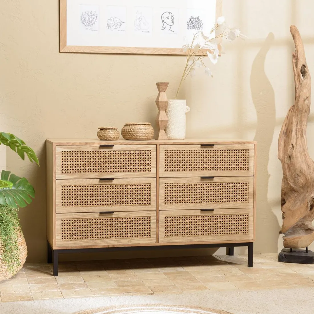 Commode 6 tiroirs cannage naturel pieds métal noir MARCEAU