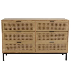 Commode 6 tiroirs cannage naturel pieds métal noir MARCEAU