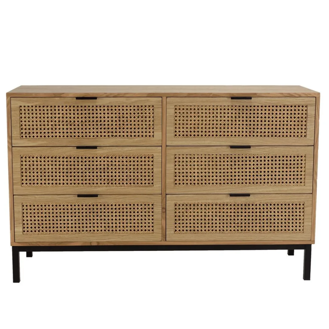 Commode 6 tiroirs cannage naturel pieds métal noir MARCEAU