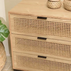 Commode 6 tiroirs cannage naturel pieds métal noir MARCEAU