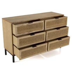 Commode 6 tiroirs cannage naturel pieds métal noir MARCEAU